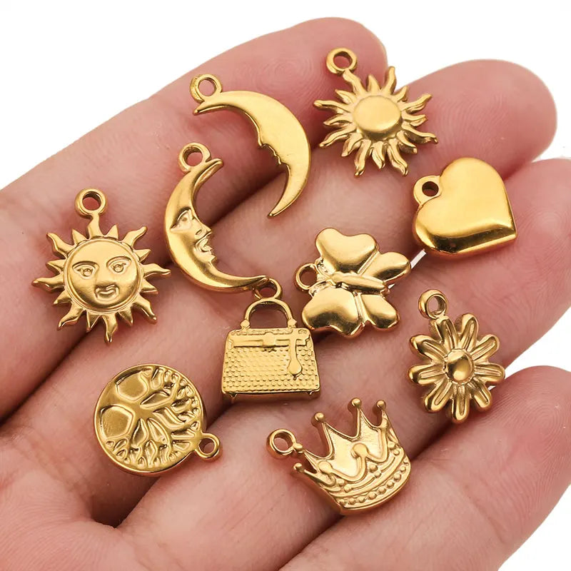 10pcs Stainless Steel Charms for Jewelry Making - Sun Moon Flower Pendants, Gold & Silver Plated