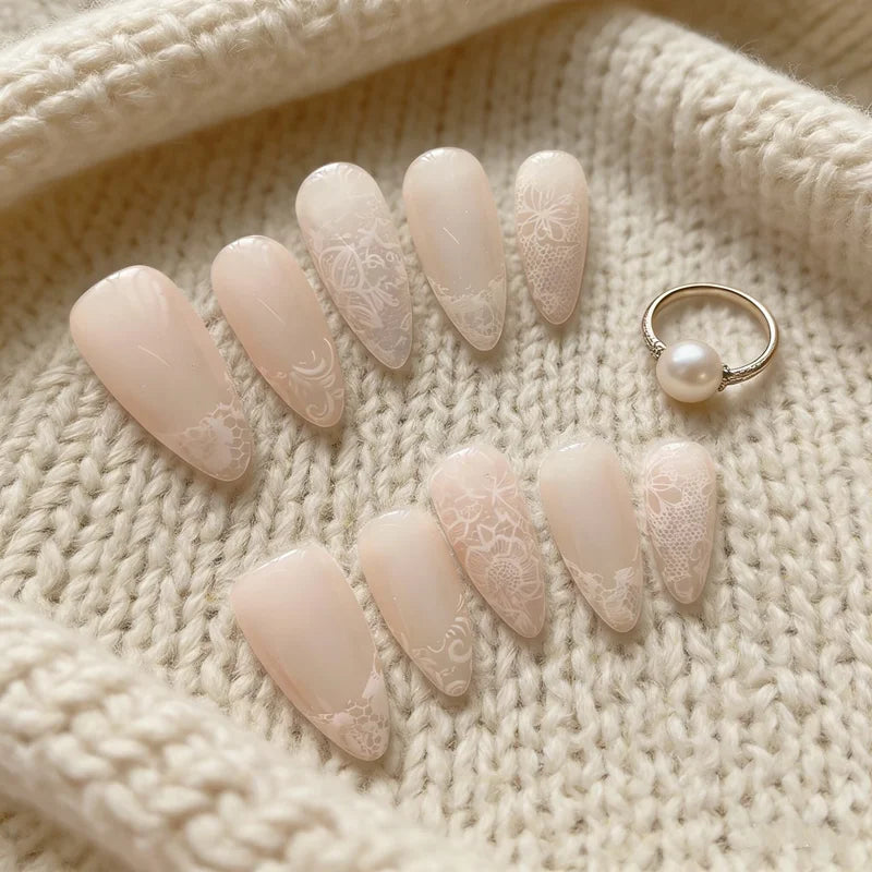 10PCS Handmade Lace Press-On Nails - Reusable Nude Pink French Manicure Almond False Nails