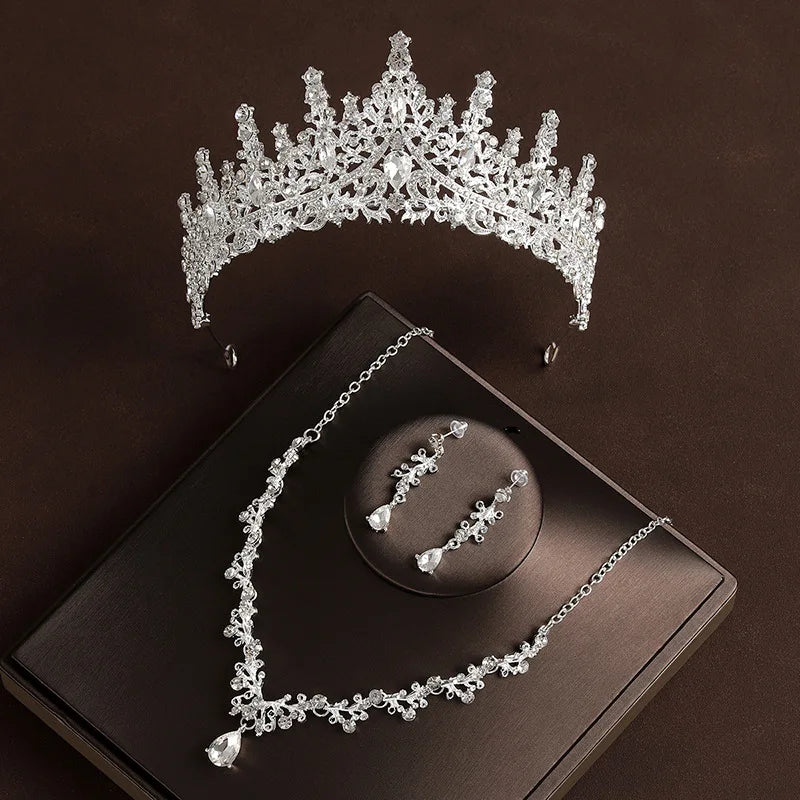Bridal Wedding Jewelry 4-Piece Set with Crystal Crown Necklace & Earrings - Women's Classic Tiaras