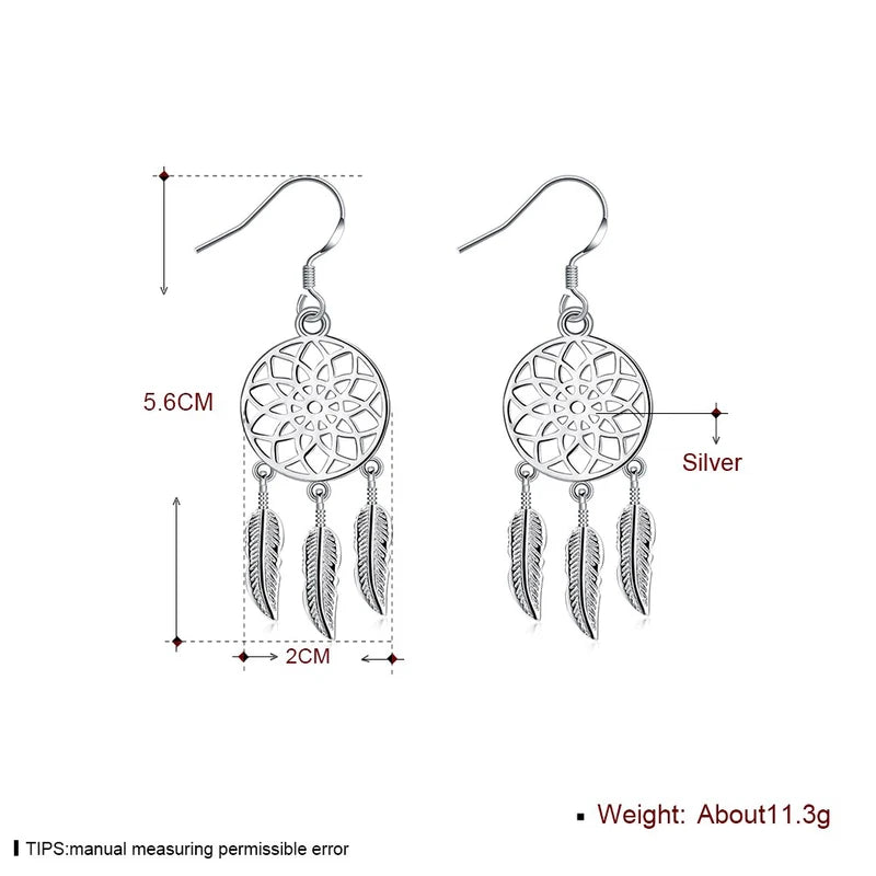 Sterling Silver Dream Catcher Feather Earrings for Women Party Wedding Jewelry Gift
