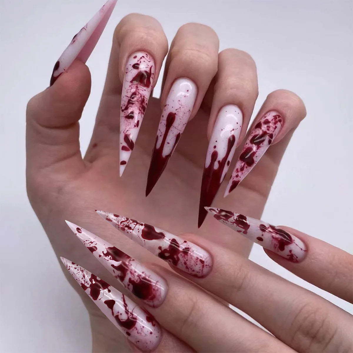 Halloween Bloodstain Nail Art False Nails with Glue - Long Pointed Detachable Design