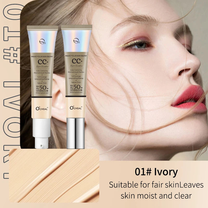 Waterproof CC Cream Foundation with SPF 50+ - Long-Lasting Moisturizing Concealer & Brightening Primer