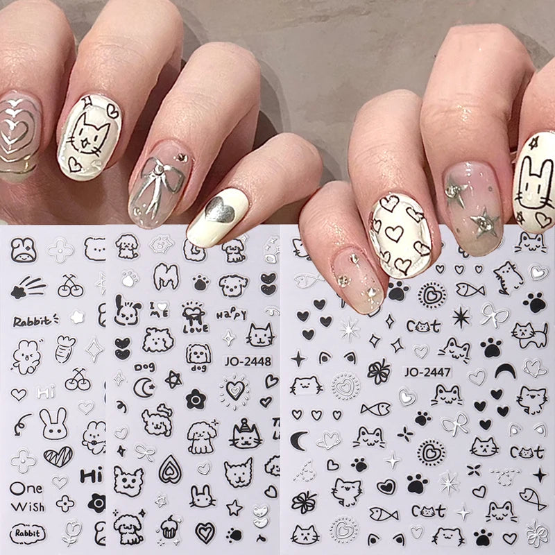 2Pcs Cartoon Cat Nail Stickers Holographic Love Heart Star Sliders for Manicure Decor