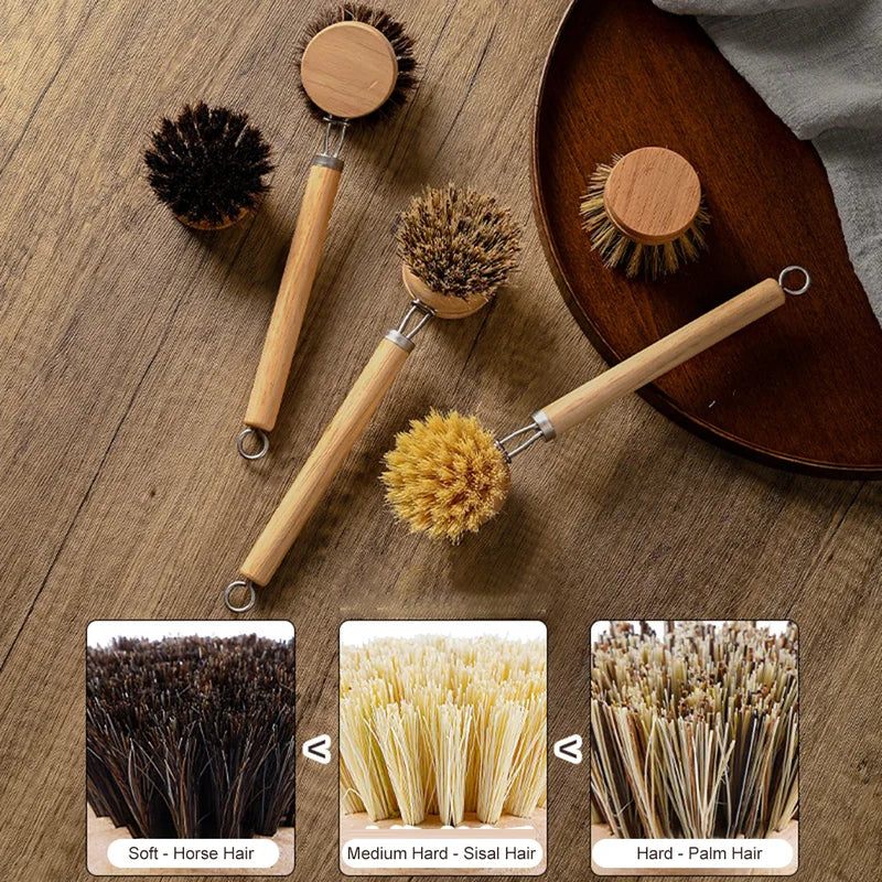 Replaceable Wooden Handle Dish Brush for Stain Removal Kitchen Cleaning Tool