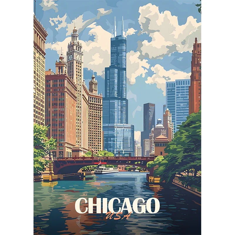 Oil Painting by Numbers City Travel Posters - New York, Kyoto Home Decor