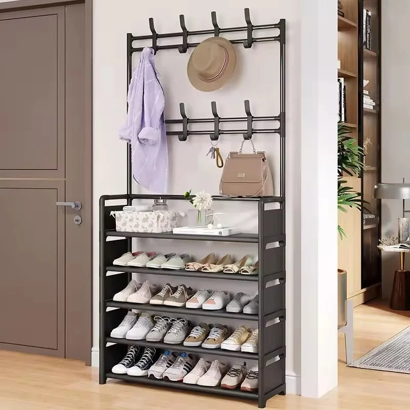 Multi-Tier Metal Storage Rack with 8 Hooks for Shoes Coats Hats Accessories