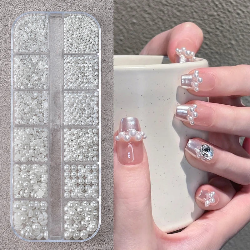12-Grid Mixed White Pearl Nail Charms for Manicure DIY Jewelry