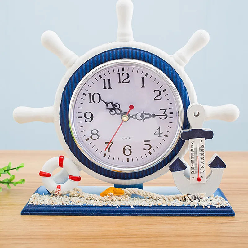 Nautical Style Rudder Shape Desk Clock with Thermometer - Silent Ocean Decor