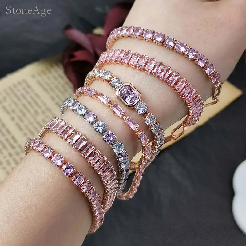 Pink Crystal Tennis Bracelets for Women - Adjustable Chain Jewelry