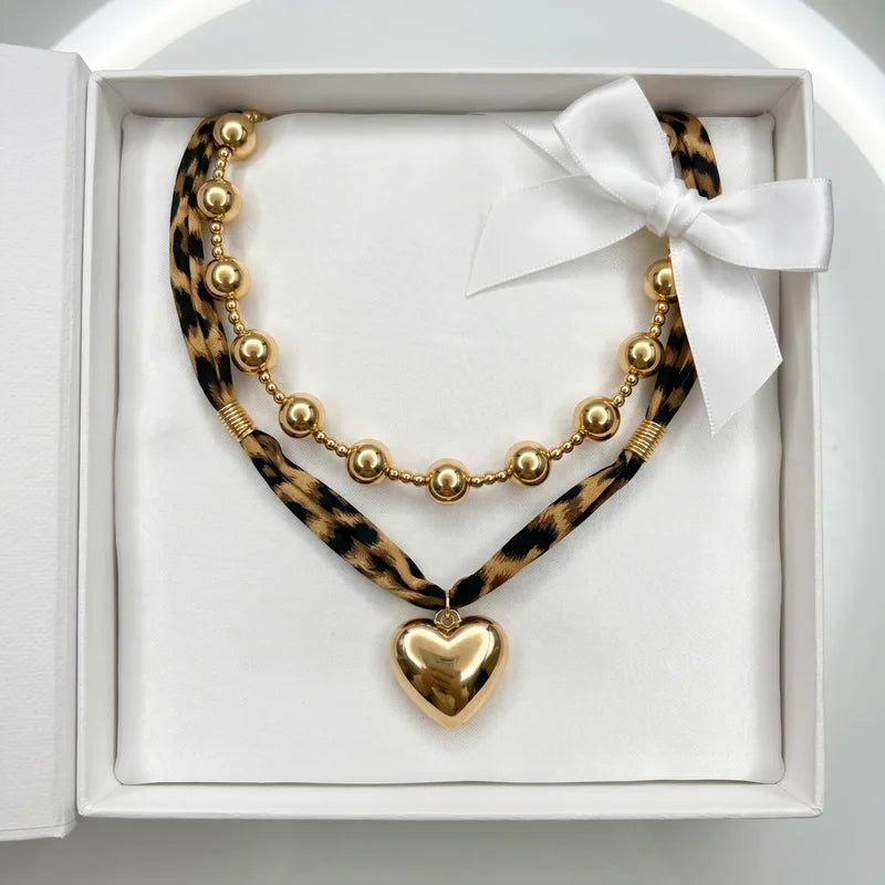 Leopard Print Choker Necklace Set with Heart Pendant and Gold Ball Chain for Festivals & Parties