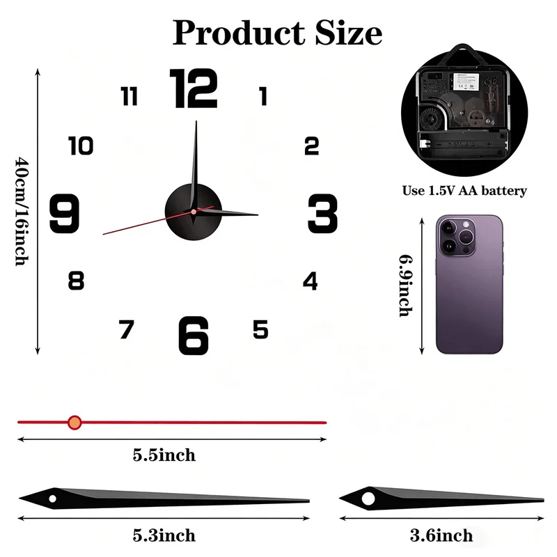 Glow-In-The-Dark DIY Wall Clock Mirror Surface Creative Wall Decor Silent Clock