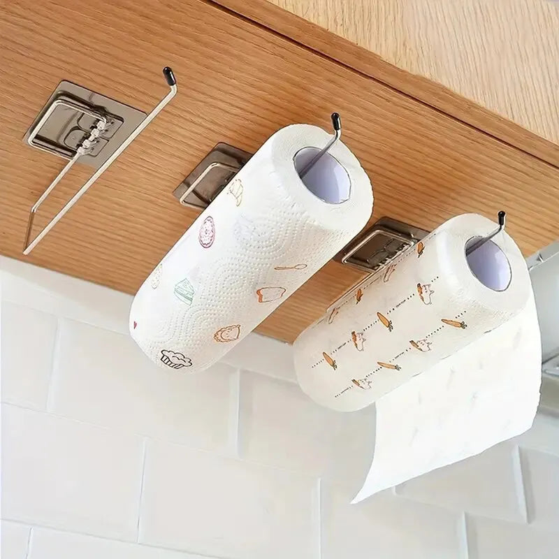 Adhesive Wall-Mounted Toilet Paper Holder and Towel Rack - Stainless Steel Bathroom and Kitchen Organizer