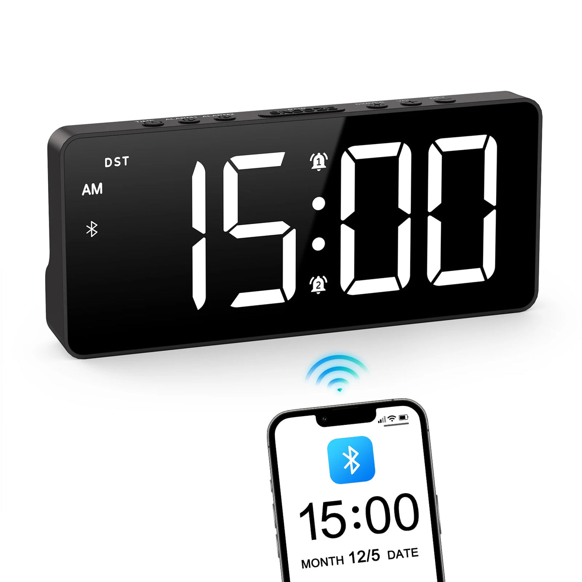7-Inch LED Alarm Clock with Bluetooth, Dual Alarms & Brightness Control