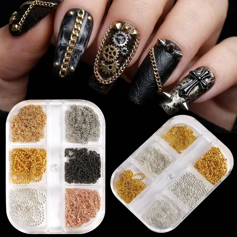 Metal Nail Chain Charms Set - Gold Silver Twisted Bead Links for Nail Art