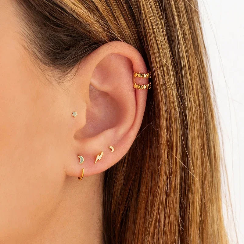925 Sterling Silver Small Stud Earrings for Women Heart Star Moon Geometry Jewelry