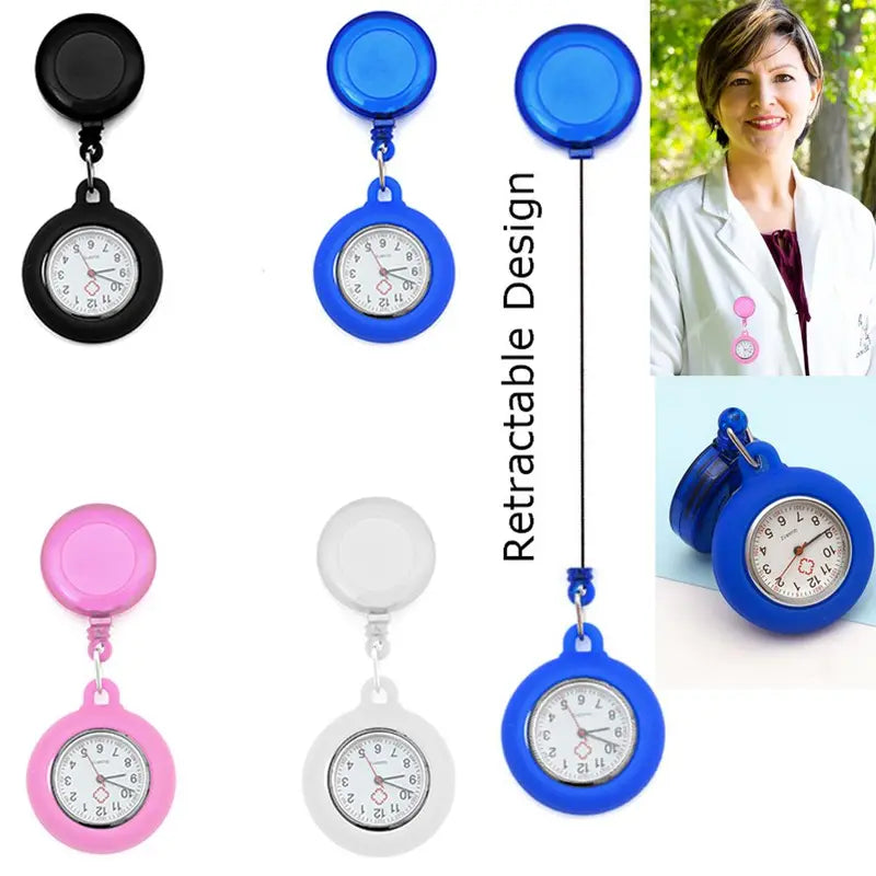 Retractable Nurse Clip-On Quartz Pocket Watch with Silicone Cover - Unisex Medical Fob Watch