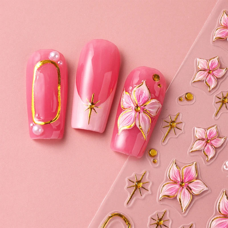 2pcs Embossed Hibiscus Flower Nail Art Stickers with Gold Ring Charms - Manicure Decals