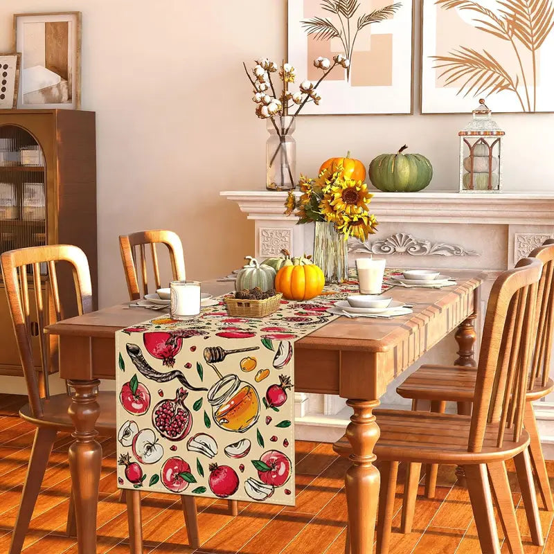 Linen Table Runner for Holidays Weddings & Events - Pomegranate Honey Shofar Design
