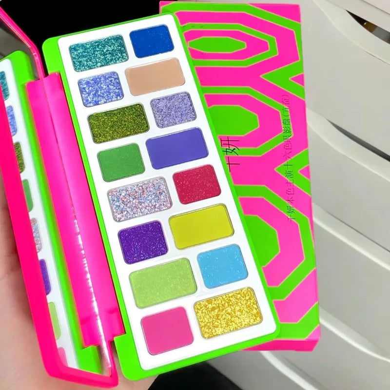 16-Color Eye Shadow Palette with Matte, Shimmer & Glitter Finishes - Highly Pigmented Powder Kit