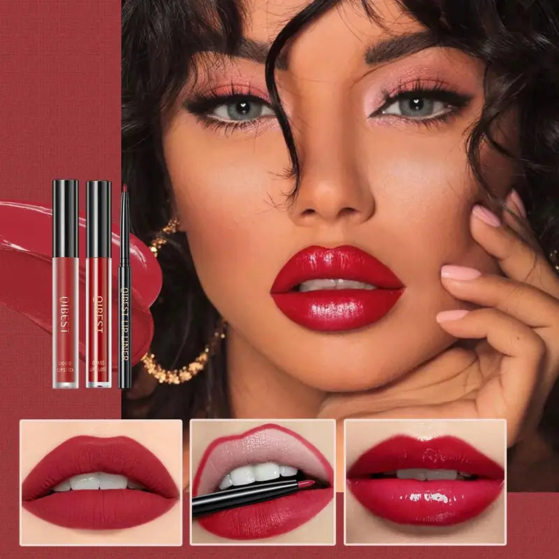 3-in-1 Lipstick Lip Liner Lip Gloss Set for Women Waterproof Long Lasting