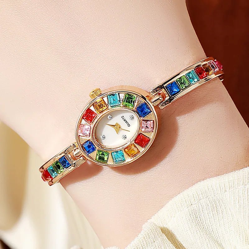 Women's Quartz Watch with Colorful Diamond Bracelet - Elegant & Fashionable