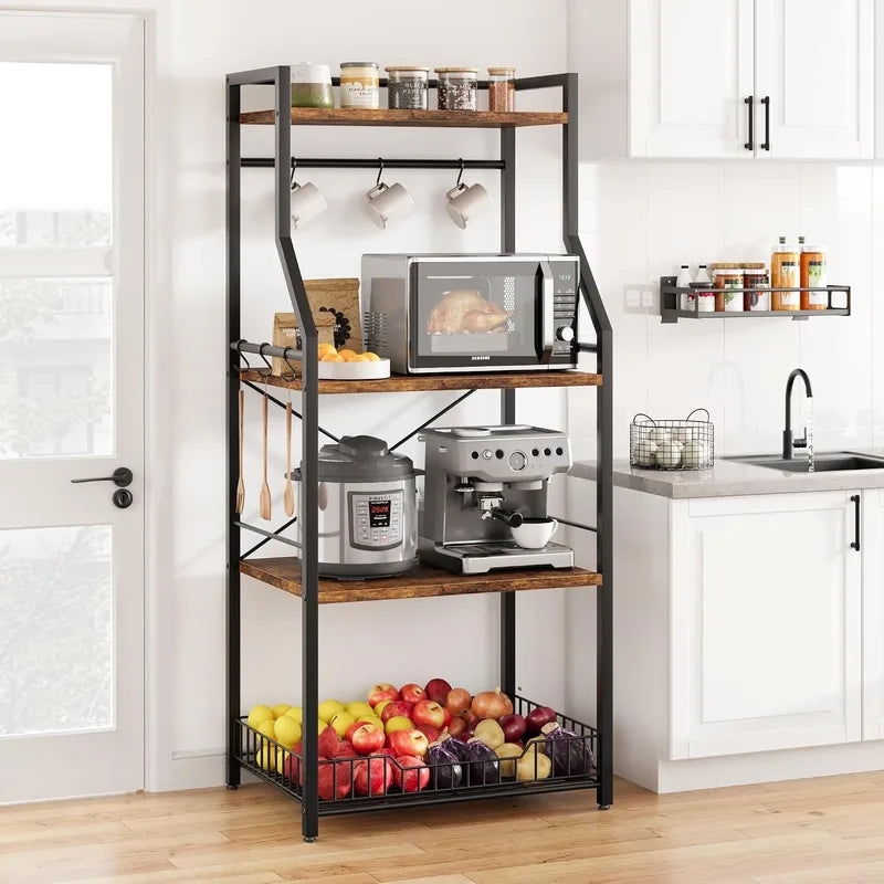 4-Tier Kitchen Storage Rack with Microwave Stand and Hooks - Industrial Style Organizer