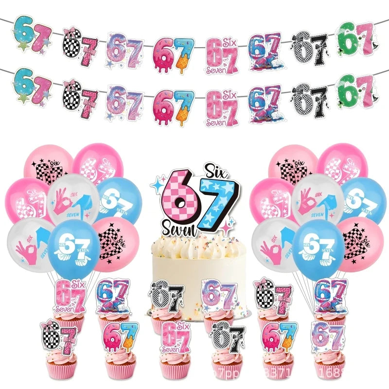 Birthday Balloon Cake Topper Banner Decoration Set - 67th Celebration Supplies