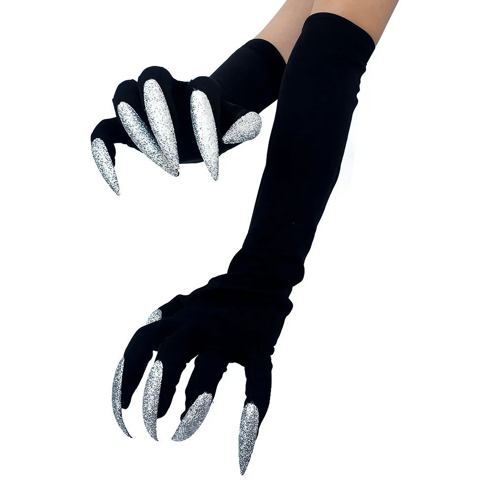 Halloween Cat Wolf Nail Gloves with Glitter Long Nails Cosplay Costume
