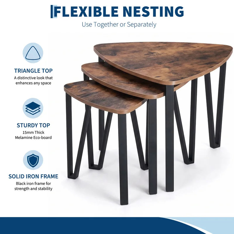 Set of 3 Triangle Nesting Coffee & Side Tables - Industrial Multi-Size Accent Tables