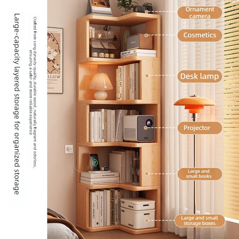 Solid Wood Corner Bookshelf with Multi-Layer Storage - Living Room & Bedroom Organizer