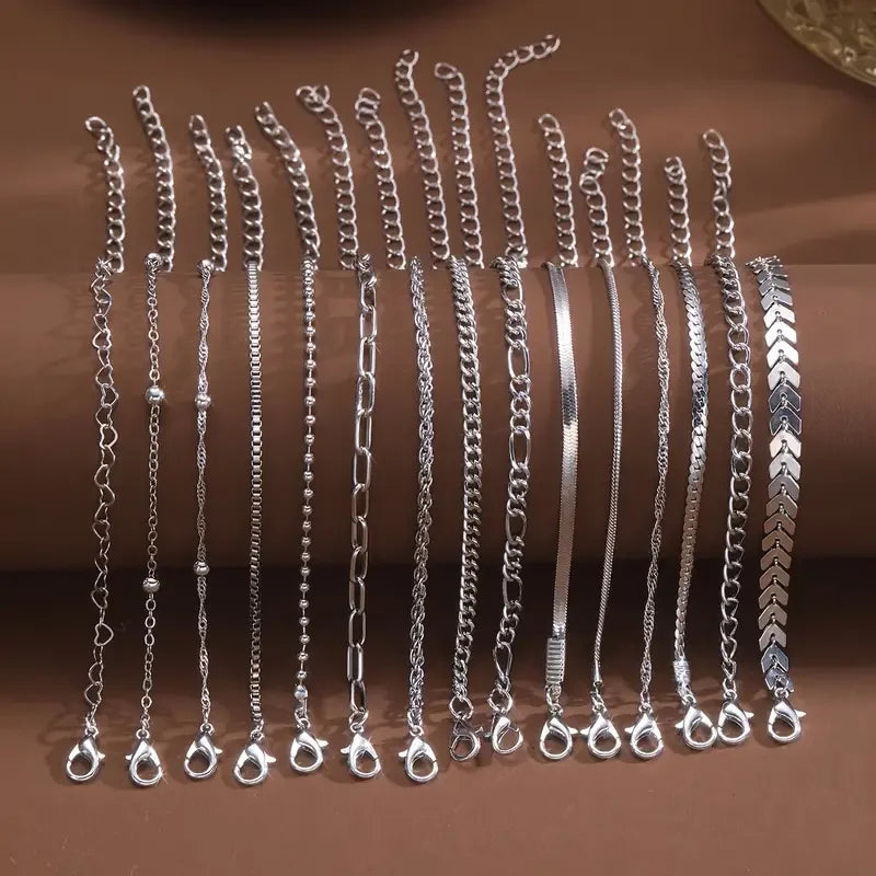 Silver Color Chain Bead Bracelets Set for Women - Elegant Casual Jewelry, Versatile for Beach, Vacation & Parties