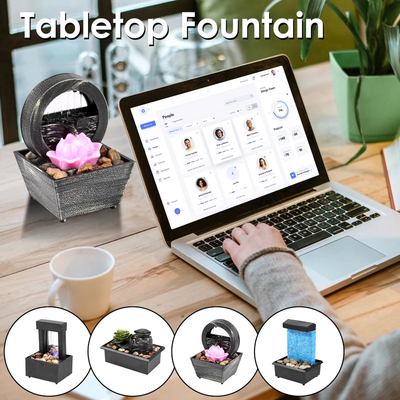 Mini Desktop Fountain with Light Battery and USB Powered Waterfall Decoration