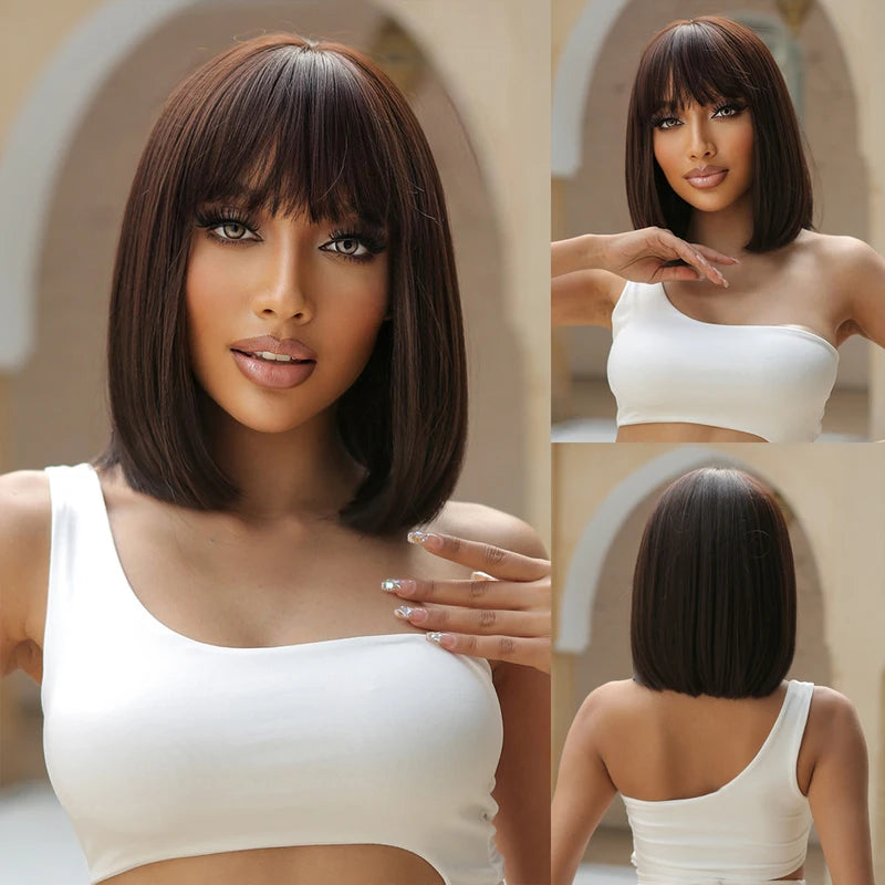 Short Straight Black Wig with Fluffy Bangs for Women Synthetic Heat-Resistant Fiber