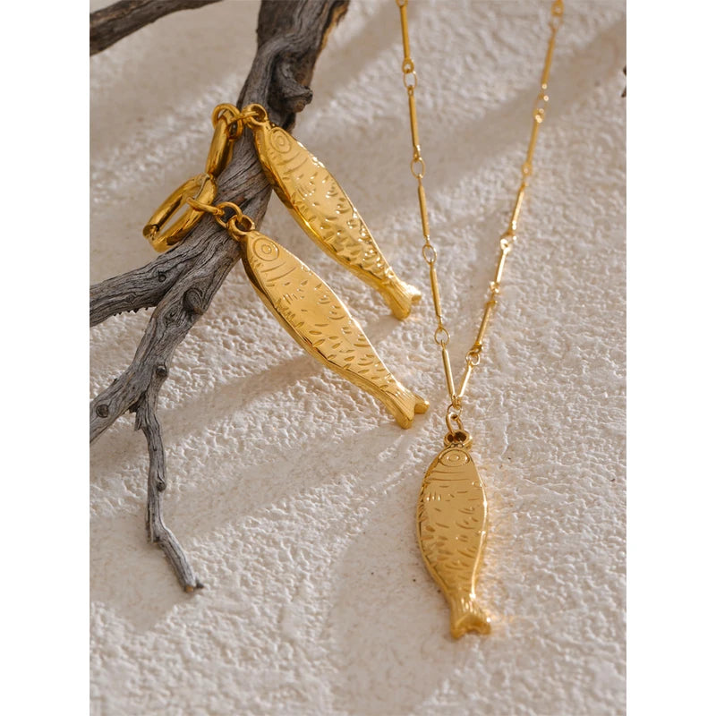 Ocean Fish Pendant Necklace & Earrings Jewelry Set - Stainless Steel, Gold PVD Plated