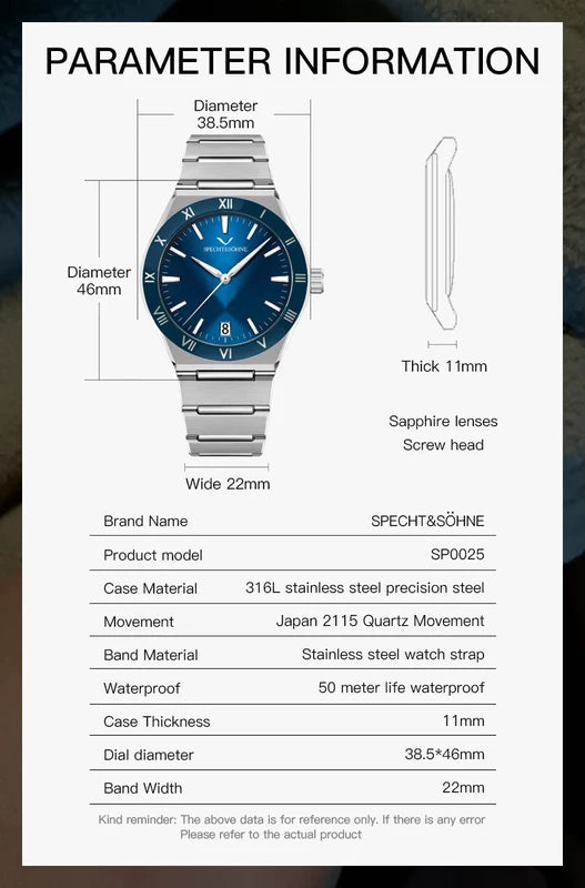 Men's Quartz Wristwatch 38MM Waterproof Stainless Steel Watch for Men