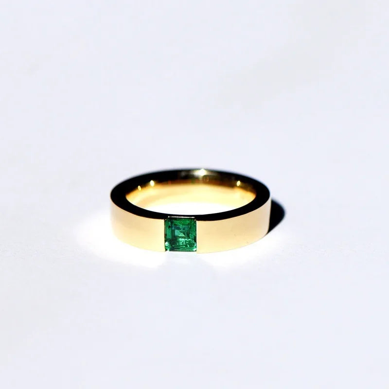 Natural Gemstone Emerald Ring for Women Gold Color Inlaid Green Zircon Stainless Steel Bridal Engagement Jewelry