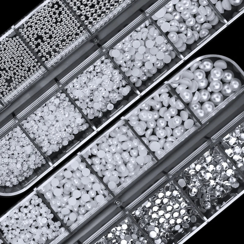 12-Grid Round Pearl White Nail Rhinestones and Caviar Beads for Nail Art