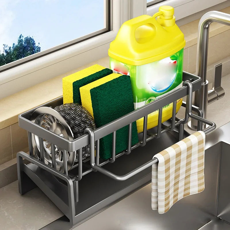 Kitchen Sink Drain Rack Organizer ABS Plastic Self-Draining Dish Sponge Holder