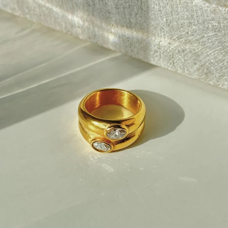 Women’s Fashion Oval Zircon Crystal Chunky Double-Layer Ring Stainless Steel Wedding Jewelry