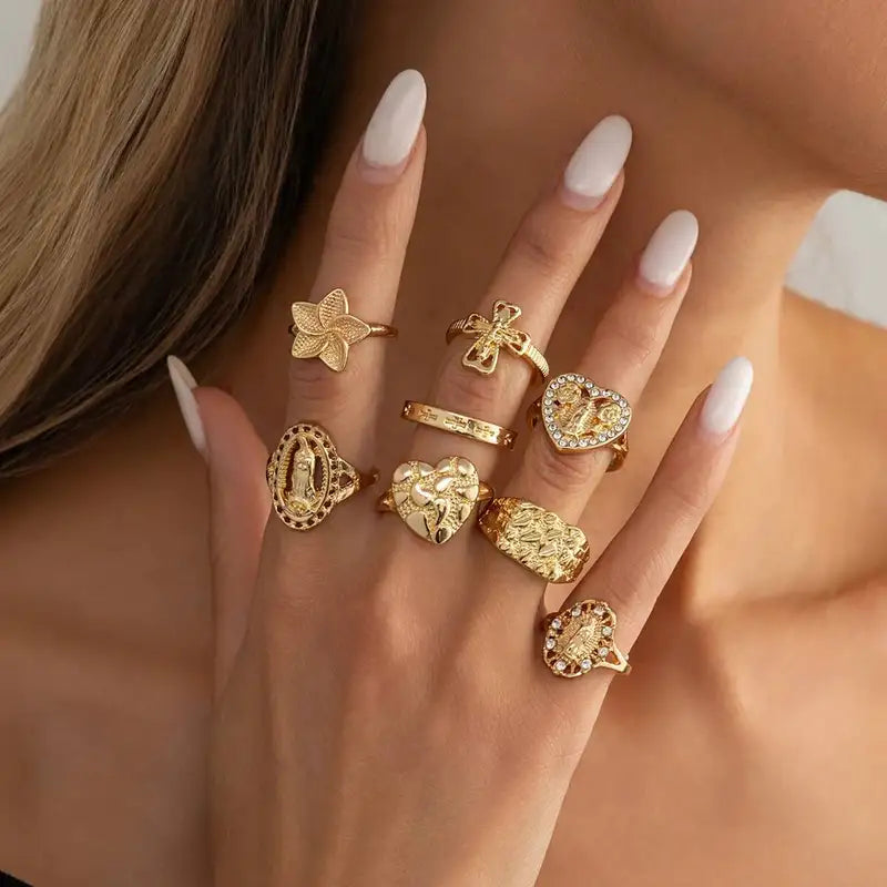 8-Piece Gold Cross Virgin Mary Open Ring Set Women’s Jewelry with Heart Inlaid Diamond Charm