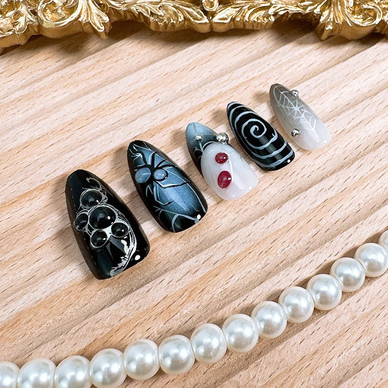 30PCS Halloween Spider Web False Nails French Tips Medium Almond for Women