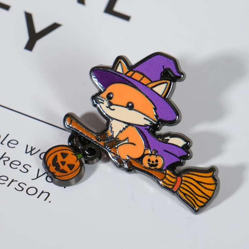Magical Animal Enamel Pin - Witch Fox Pumpkin Pendant Halloween Gift Badge Accessory
