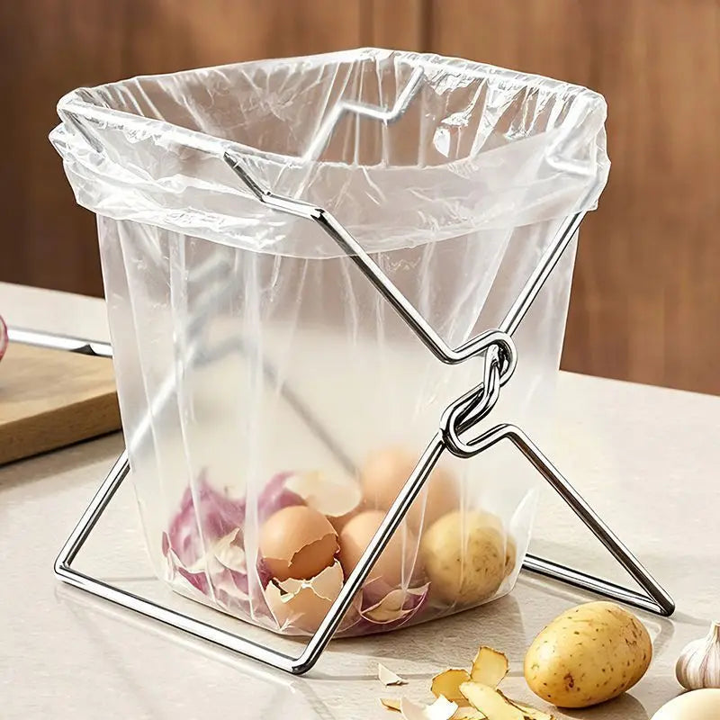 Collapsible Stainless Steel Trash Bag Holder - Kitchen Countertop Organizer Rack
