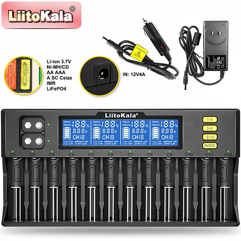 Universal 14-Slot Smart Battery Charger for Li-ion, Ni-MH, LiFePO4, 9V Batteries