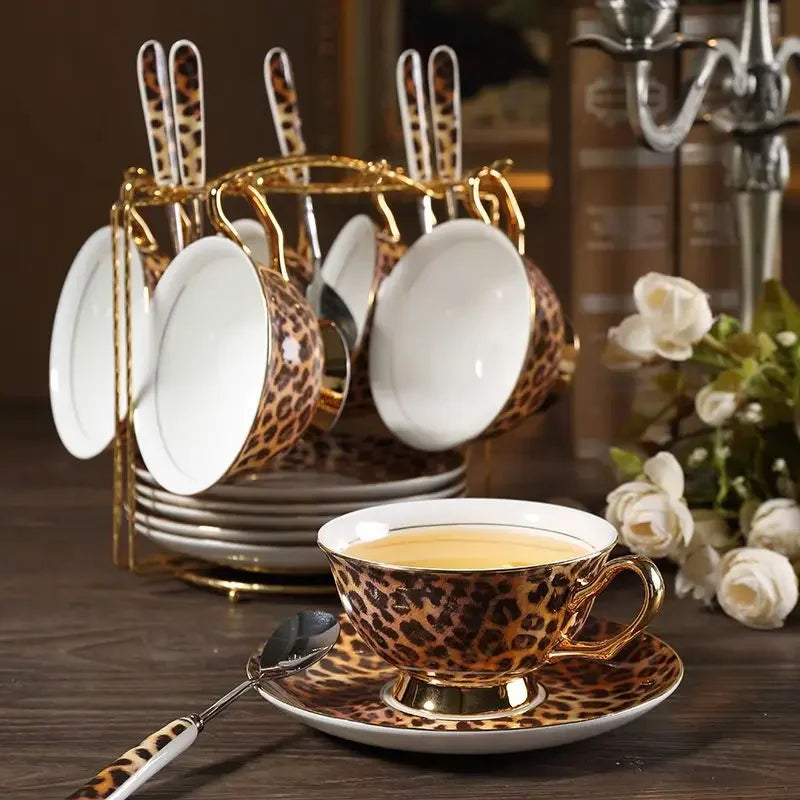 Ceramic Coffee Cup and Saucer Set with Leopard Print and Spoon - Elegant Home Use