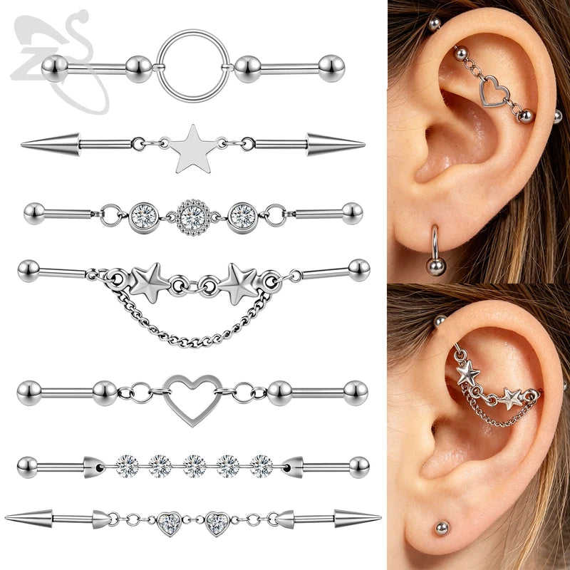Industrial Steel Earrings Barbell Heart Star CZ Dangle Jewelry for Ear Cartilage Helix Piercings