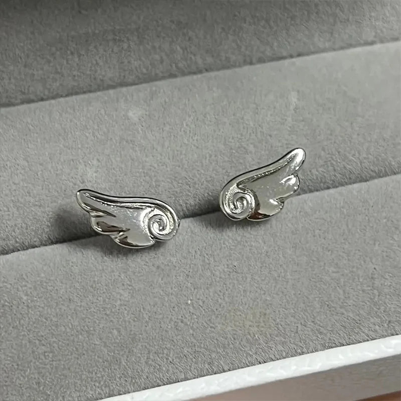 Angel Wings Earrings - Frosted Silver Studs for Women, Vintage Y2K Jewelry