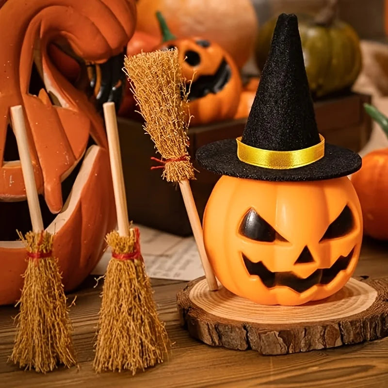 12pcs Mini Witch Hat and Broom Set Halloween DIY Decorations Party Accessories
