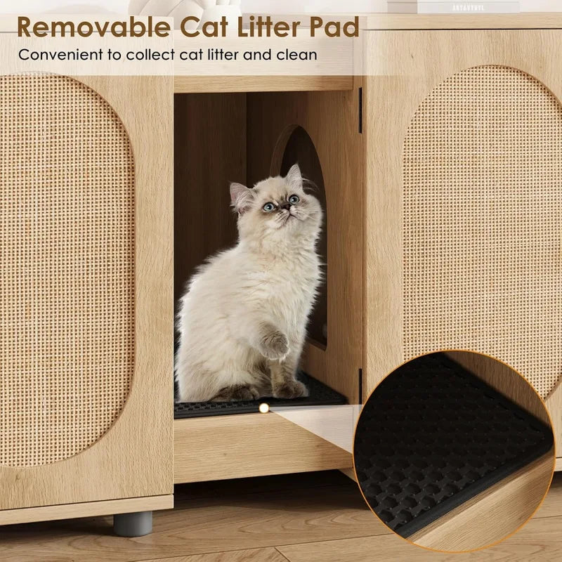 Large Multi-Cat Hidden Litter Box Enclosure with Rattan Doors & Storage