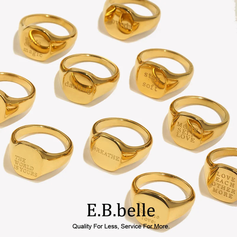 Minimalist Letter Word Silver Stainless Steel Ring for Women - Water Resistant, Gold Plated